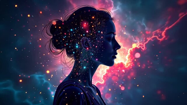 A silhouette of a woman with nebulae in her head and sparks around her against a backdrop of red and blue clouds with lightning