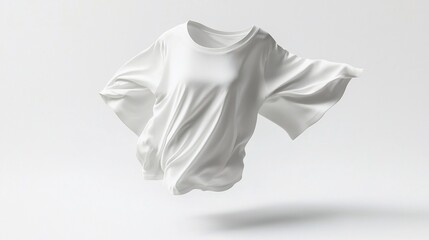 Minimalist composition featuring a poised white t-shirt in mid-air against plain background