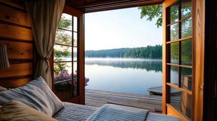 Fototapeta premium Cozy wooden cabin bedroom overlooking serene misty lake at sunrise