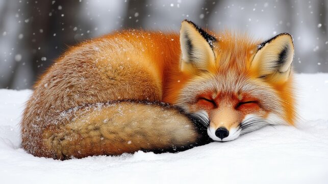 Red fox sleeping in the snow during snowfall - Powered by Adobe