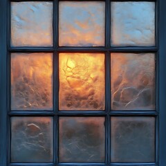 Frosted window sunrise, winter scene, home interior