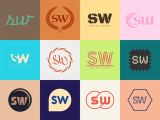 SW logo company template. Letter s and w logotype. Set different classic serif lettering and modern bold text with design elements. Initial font typography.