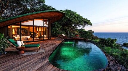 Ocean view villa, curved roof, and infinity pool meet forest. Sunset colors paint the horizon