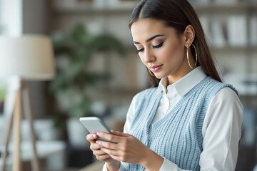 Obraz premium Woman in stylish outfit using smartphone in warm indoor background. She is focused on the screen, appearing engaged in texting or browsing. Ai generative