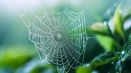 Spiderweb with water droplets against a blurred green background.