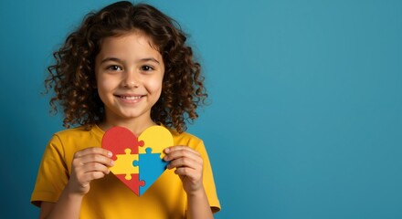 Autism spectrum disorder. Little girl with autism holding heart made of puzzle pieces on blue background. Child mental health. Autism spectrum disorder concept, ASD. World autism awareness day.