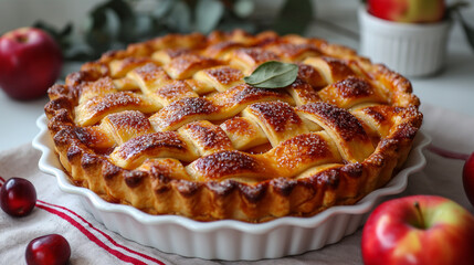 Homemade Apple Pie with Lattice Crust and Fresh Apple Garnish