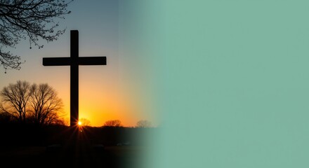 Silhouette of cross against sunset sky with turquoise gradient overlay. Christian symbol at dusk with golden sunlight. Easter, Good Friday, church events, religious ceremonies. Horizontal banner