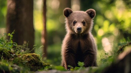 Obraz premium Brown bear cub sitting in the forest