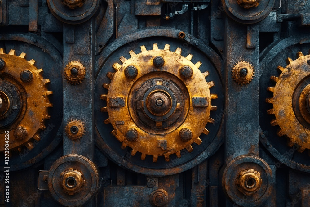 Poster close up of interlocking gears forming intricate industrial background