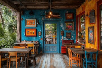 Fototapeta premium Colorful tropical restaurant interior dining experience.