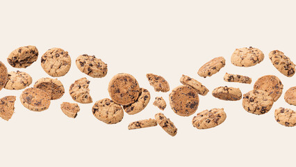 Crispy chocolate chip cookies arranged in a floating composition on a neutral cream background. Perfect for food blogs, recipes, bakery ads, menus, packaging, social media, and more.