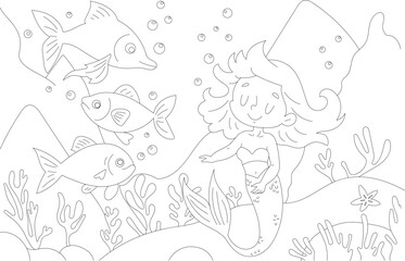 mermaid with fish in the deep sea