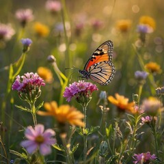 Naklejka premium A picturesque wildflower meadow, captured in vibrant detail during golden hour.