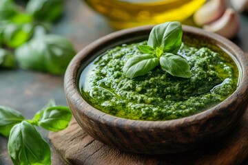 Fresh pesto sauce with basil leaves and olive oil in wooden bowl