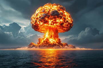 Massive fiery explosion over ocean waters with dark clouds in the background, creating a dramatic and intense atmosphere. Concept of destruction. Ai generative