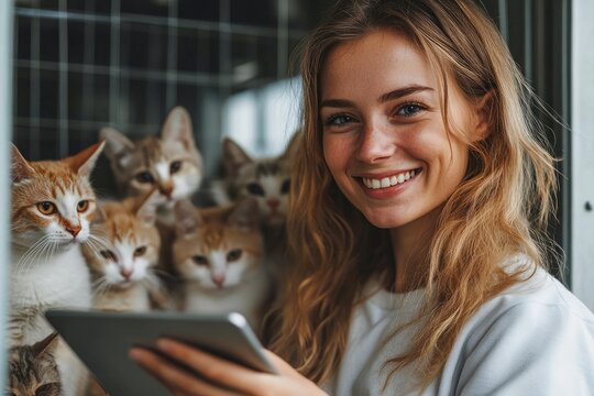 Smiling volunteer using tablet with cats in shelter cage