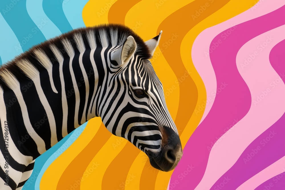 Poster a zebra is staring at the camera with a colorful background. the zebra is the main focus of the imag