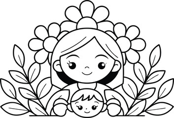 Cartoon Mom and Child Portrait with Floral Decor in Black and White Outline