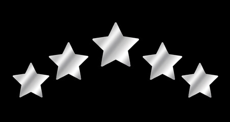 5 Star Rating Review with five silver  stars as vector icons, five star icon transparent background. flat style. 5 star sign. black star symbol.	