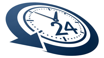 Around-the-clock service: a dynamic clock design emphasizing 24/7 availability with a bold navy blue color scheme and three-dimensional effect.