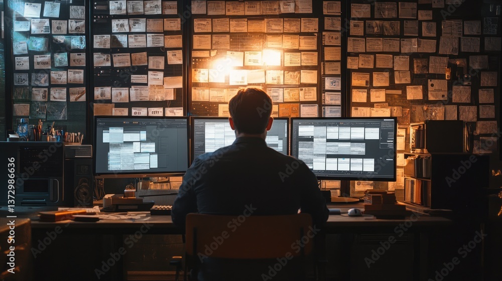 Poster data analyst working with dual monitors surrounded by sticky notes wall