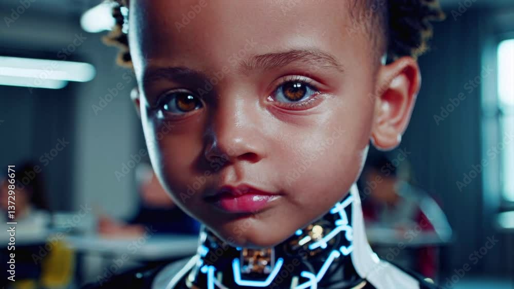 Poster glowing circuitry illuminating robotic child's neck, showcasing advanced artificial intelligence wit