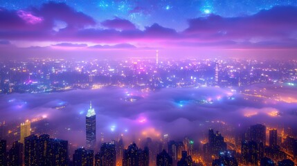 Obraz premium Cityscape shrouded in fog under starry sky