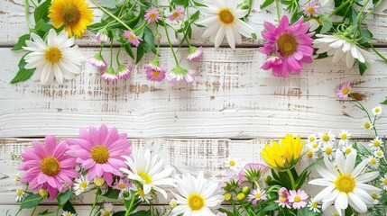 Fototapeta premium White wooden background with small pink and white flowers, sunflowers, wildflowers, and daisies in the corners