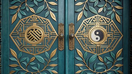 Decorative chinese door with yin yang symbol and golden leaf details