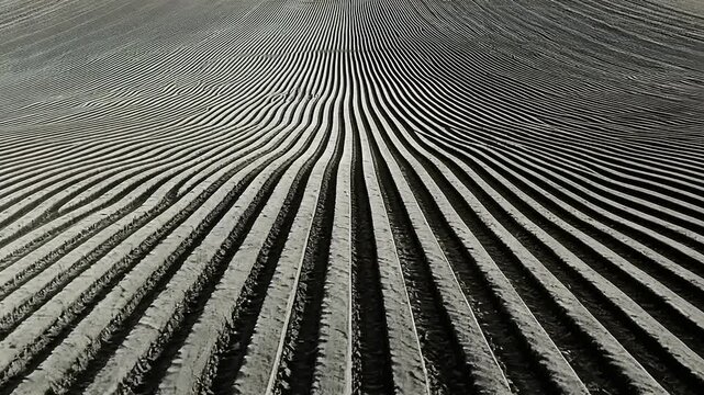 Aerial view of meticulously plowed agricultural field showcasing distinct, parallel furrows under soft light