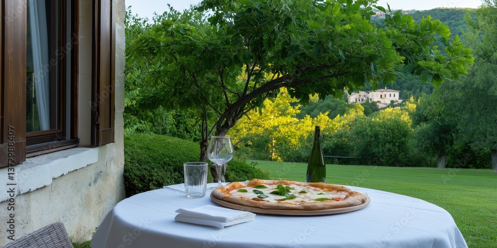 Poster a table with a pizza and two wine glasses on it. the table is set in a beautiful outdoor setting wit