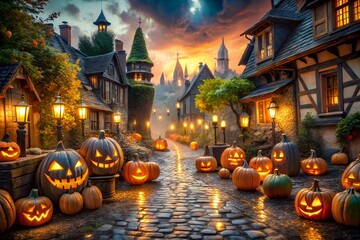 An enchanted Halloween village with glowing jack-o'-lanterns, floating candles, and magical creatures wandering the cobblestone streets.