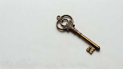 Ornate antique gold key on white background; symbolic of secrets, opportunity, and new beginnings.