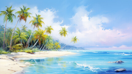 Serene tropical sea landscape featuring vibrant palm trees and calm waves
