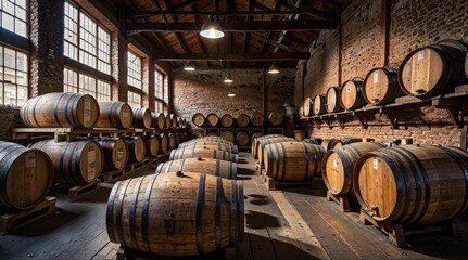 Wine warehouse close-up, capturing the rustic feel of a wine warehouse filled with wooden barrels.