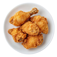 Crispy fried chicken served on a white plate isolated on a transparent background. 