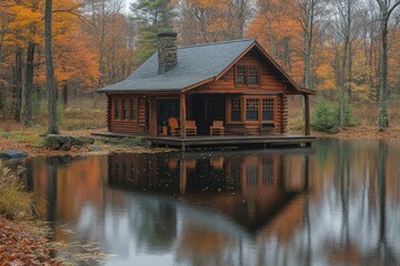 Fototapeta premium Log cabin reflected in still autumn lake.