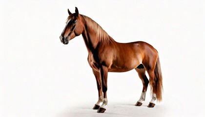 Fototapeta premium Brown horse standing in profile, centered on white background