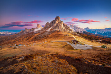 Panoramic view of Passo di Giau and Ra Gusela hiking circuit in the Averau-Nuvolau area. Location place Dolomites Alps, Cortina d'Ampezzo, South Tyrol, Italy, Europe.