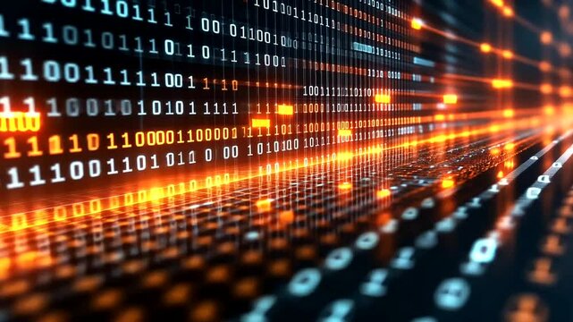 Abstract representation of digital data flow with binary code and glowing lines, symbolizing technology and innovation