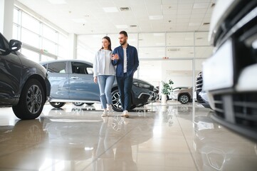 Happy young couple chooses and buying a new car for the family. Visitting the dealership