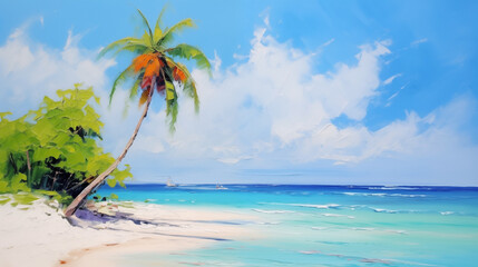 Vibrant tropical seascape with palm tree and calm blue waters under a clear sky