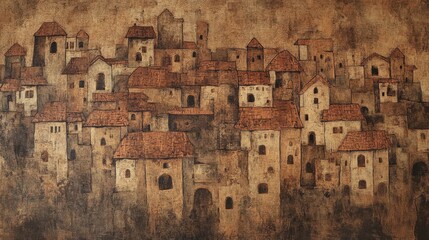 Fototapeta premium Aerial View of Rustic Village with Earthy Tones, Featuring Clay Roofs and Warm Hues of Textured Walls in a Unique Artistic Style for Decorative Use