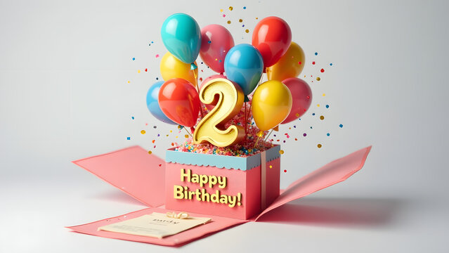 Joyful birthday card with floating balloons, pop-up number, and swirling confetti effect.