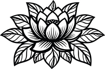 Line Art Lotus Flower Outline Design with Leaves on Transparent Background