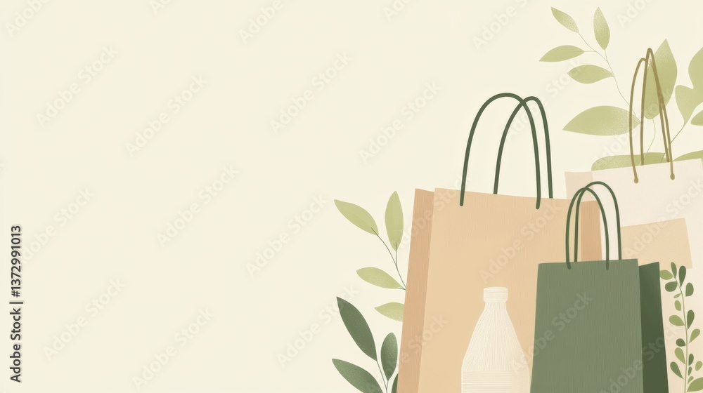 Poster modern background featuring reusable grocery bags and sustainable packaging in clean green and beige