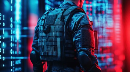 Cybersecurity specialist with tactical gear amidst binary code, future security