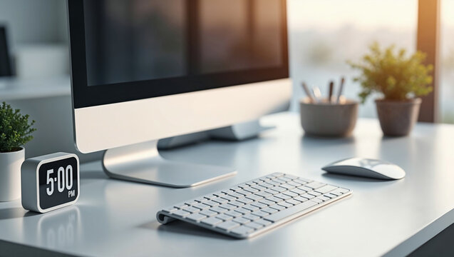 Minimalist office desk with monitor and clock showing 5:00 PM in soft light
