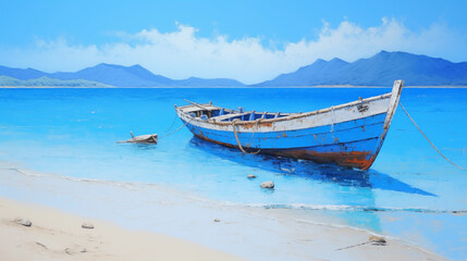 Naklejka premium Serene coastal landscape with a rustic boat and tranquil blue waters at midday